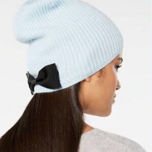 Kate Spade Knit Hat Grosgrain Bow Beanie NWT in Icy Blue Wool Blend